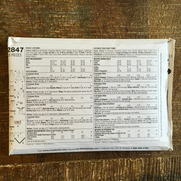 Simplicity Sewing Pattern 2847 Costume Angel Gypsy Princess Witch XS-L 6-20UNCUT - Picture 2 of 2